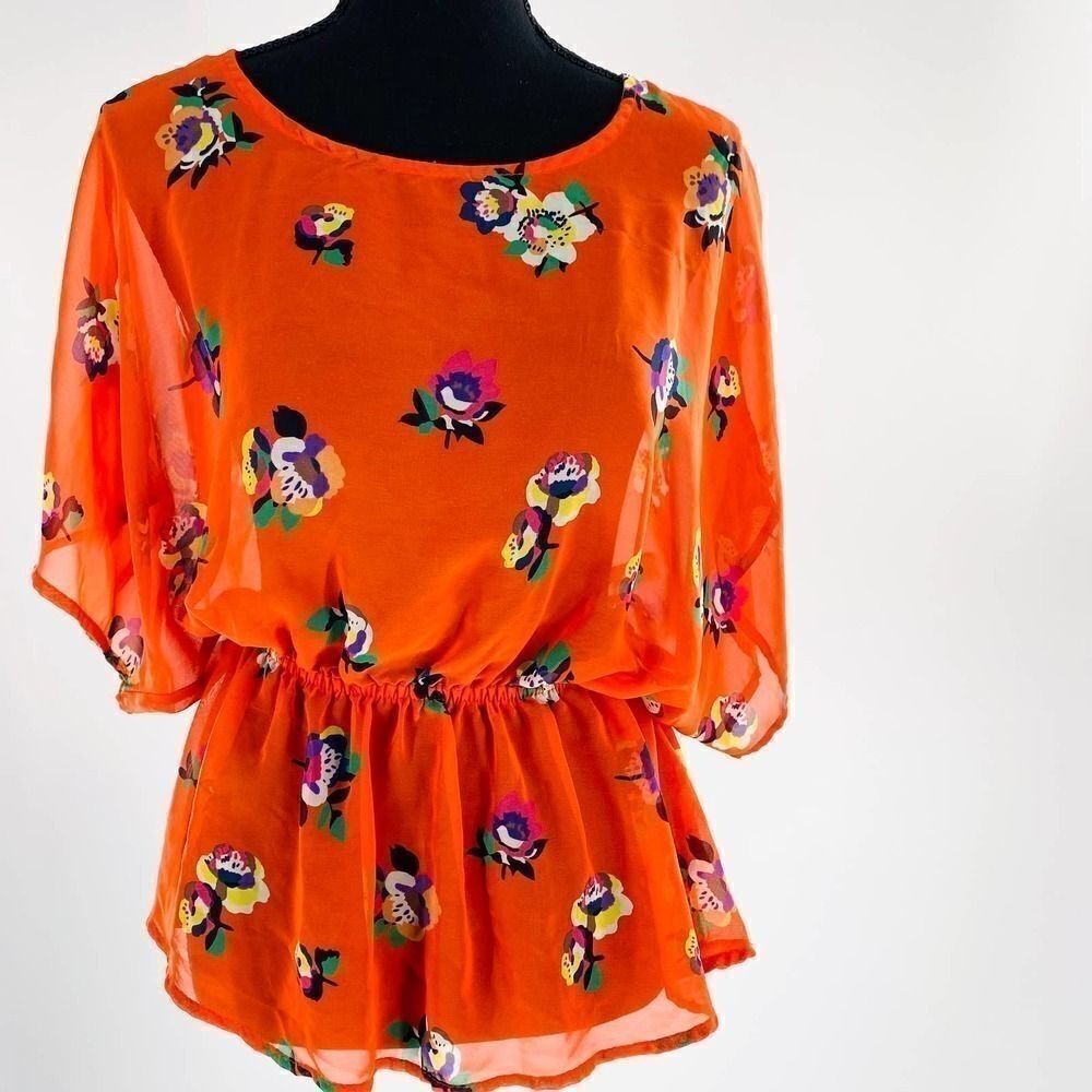 Tea n Rose Floral Sheer Top Short Dolman Sleeves
